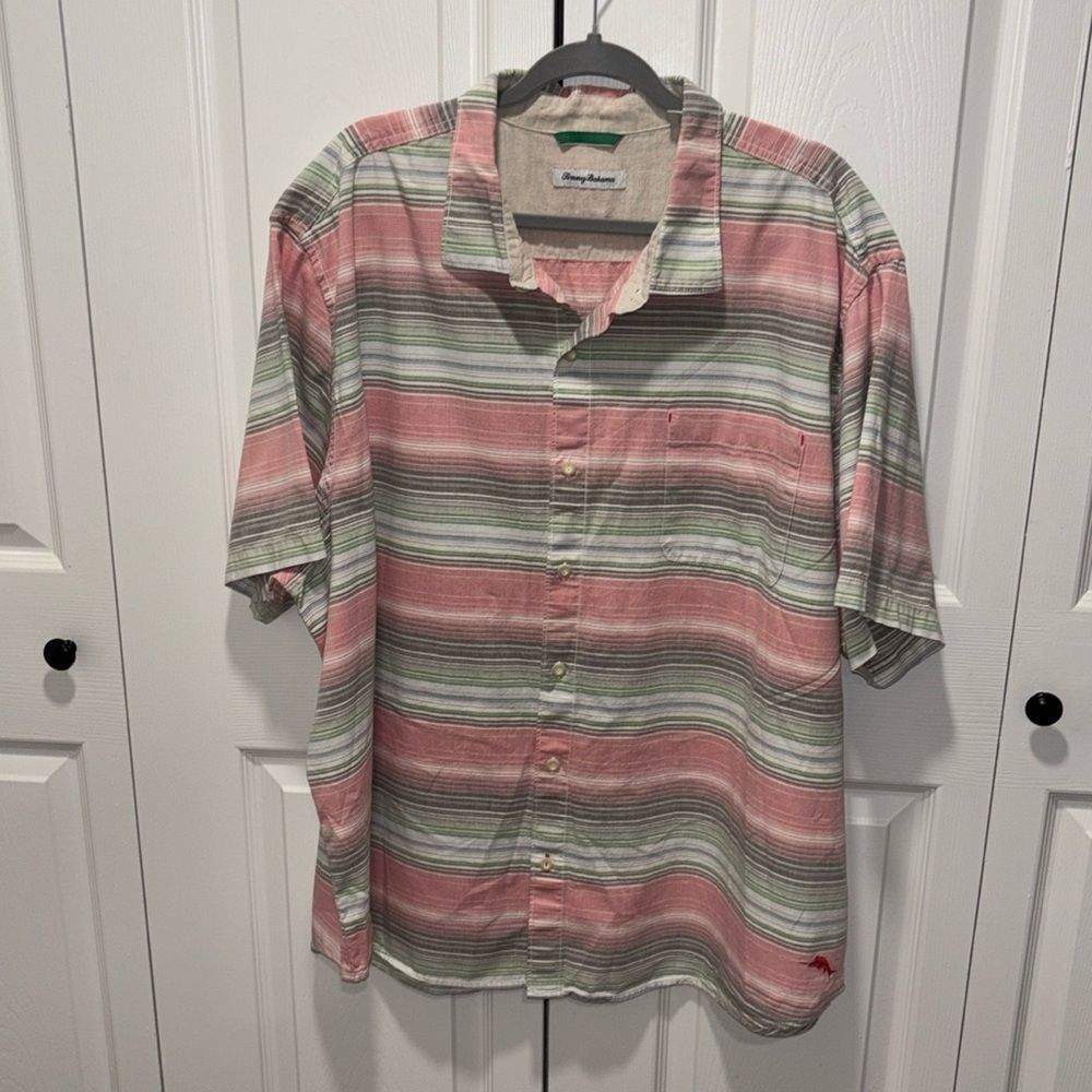 Tommy Bahama 100 % cotton multi colored striped button down shirt size XXXL.